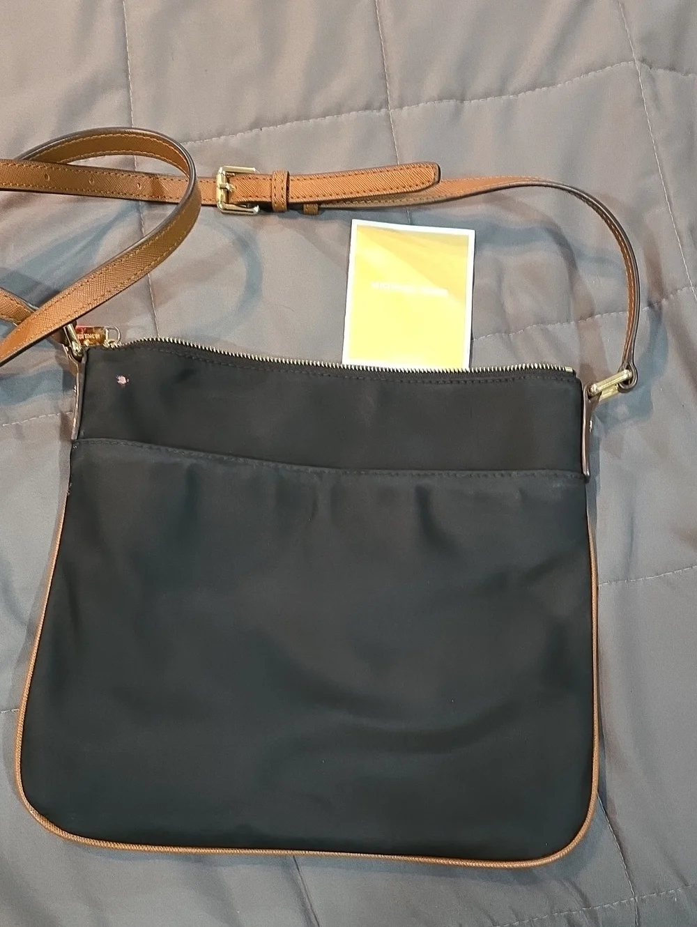 Michael Kors Black Crossbody Bag with Tan Trim and Gold Hardware